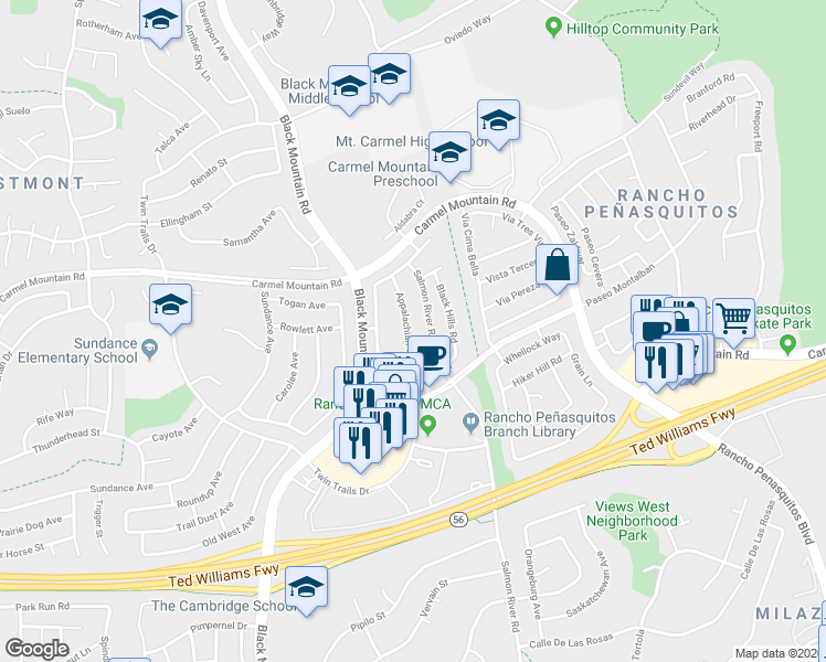 map of restaurants, bars, coffee shops, grocery stores, and more near 13445 Appalachian Way in San Diego