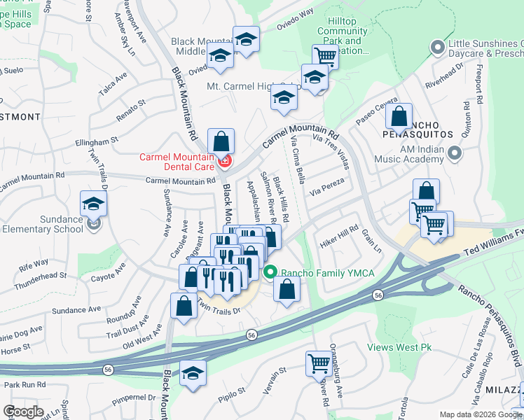 map of restaurants, bars, coffee shops, grocery stores, and more near 13445 Appalachian Way in San Diego