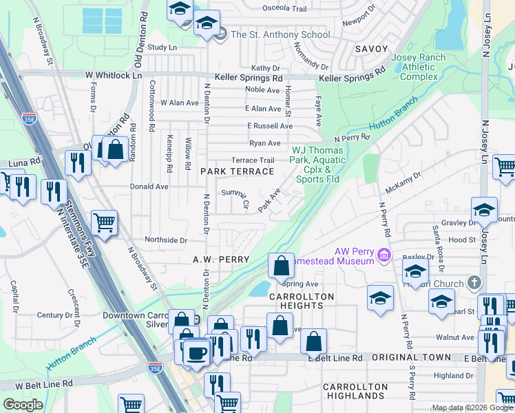 map of restaurants, bars, coffee shops, grocery stores, and more near 1024 Park Avenue in Carrollton