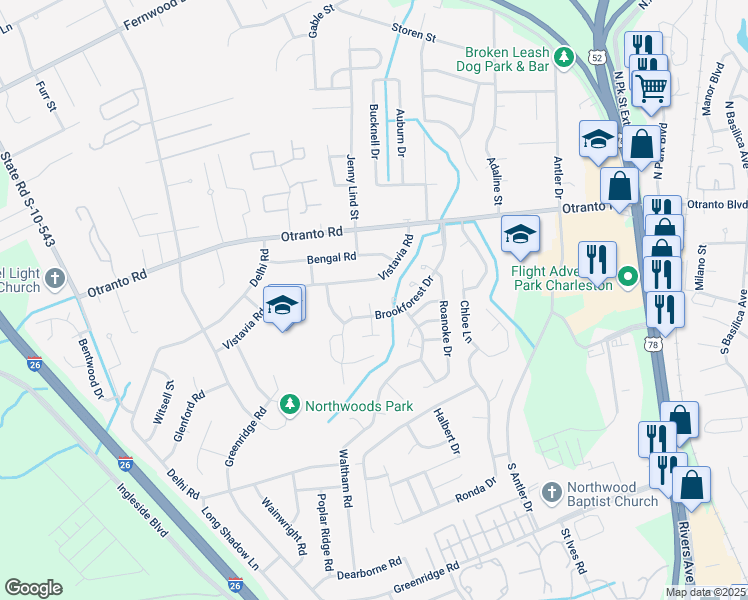 map of restaurants, bars, coffee shops, grocery stores, and more near 8590 Waccamaw Court in North Charleston