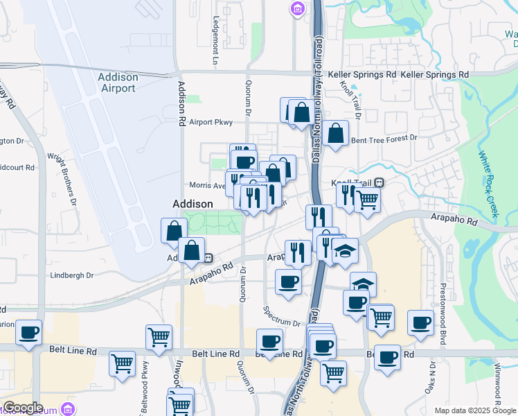 map of restaurants, bars, coffee shops, grocery stores, and more near 15575 Lewis Place in Addison