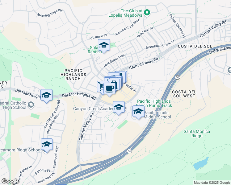 map of restaurants, bars, coffee shops, grocery stores, and more near 6045 Highlands Place in San Diego