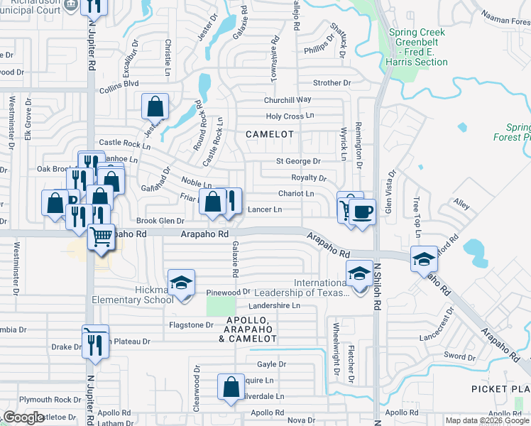 map of restaurants, bars, coffee shops, grocery stores, and more near 2825 Arapaho Road in Garland