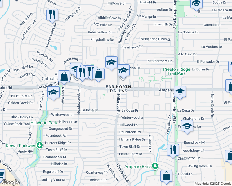 map of restaurants, bars, coffee shops, grocery stores, and more near 7102 Colada Court in Dallas