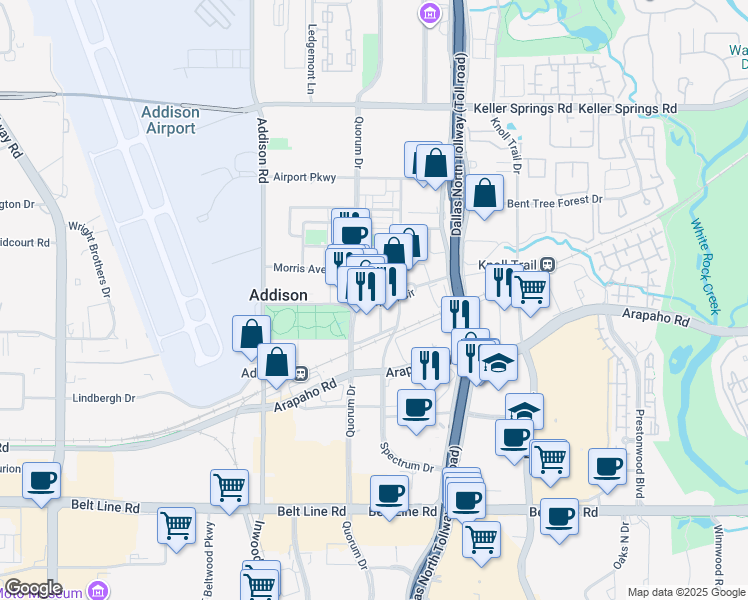 map of restaurants, bars, coffee shops, grocery stores, and more near 15575 Lewis Place in Addison