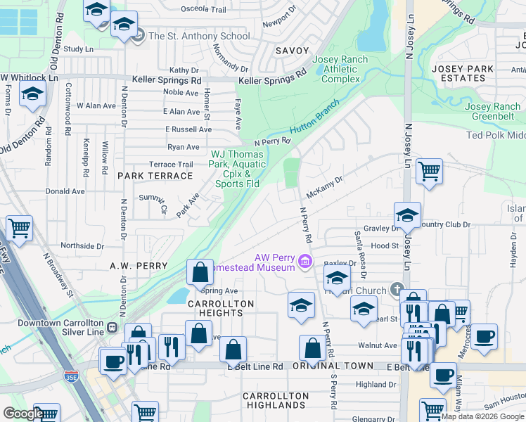 map of restaurants, bars, coffee shops, grocery stores, and more near 1609 Cecil Drive in Carrollton