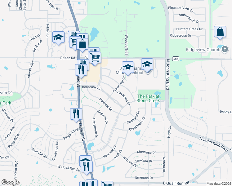 map of restaurants, bars, coffee shops, grocery stores, and more near 607 Deverson Drive in Rockwall