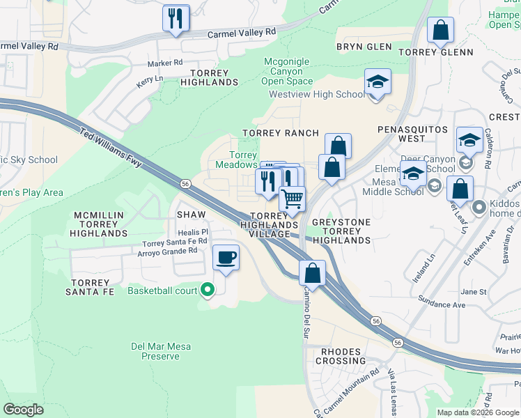 map of restaurants, bars, coffee shops, grocery stores, and more near 7735 Via Solare in San Diego