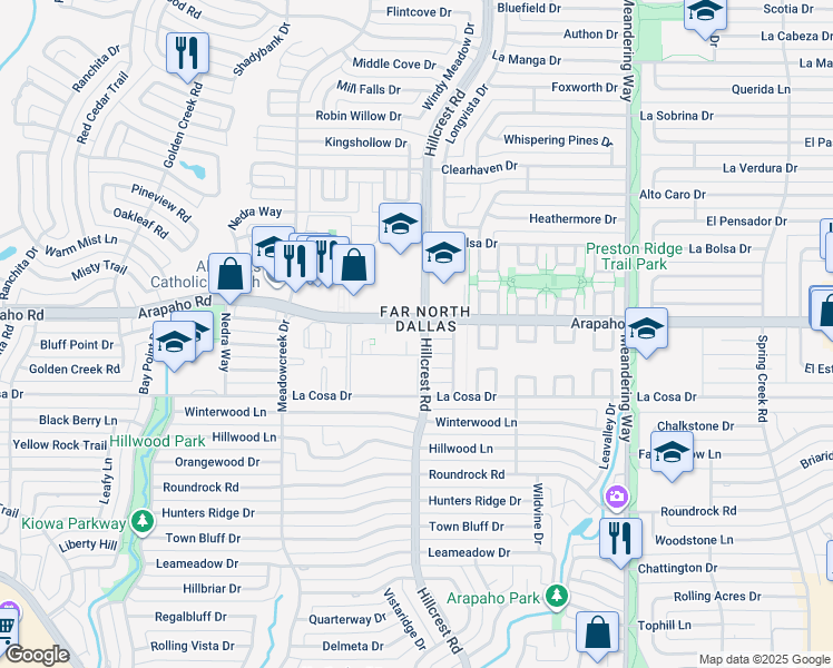 map of restaurants, bars, coffee shops, grocery stores, and more near 7102 Colada Court in Dallas