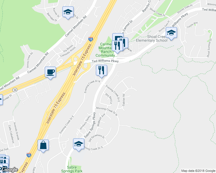 map of restaurants, bars, coffee shops, grocery stores, and more near 10928 Evening Creek Drive in San Diego