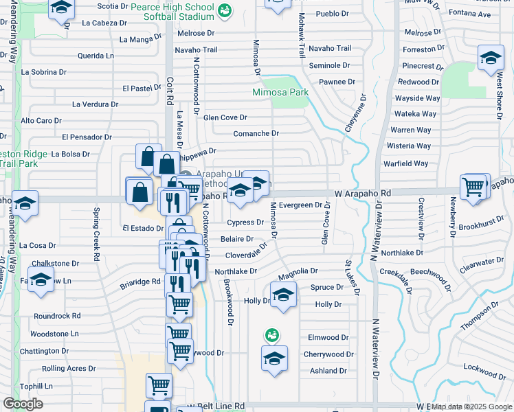 map of restaurants, bars, coffee shops, grocery stores, and more near 1300 Cypress Drive in Richardson