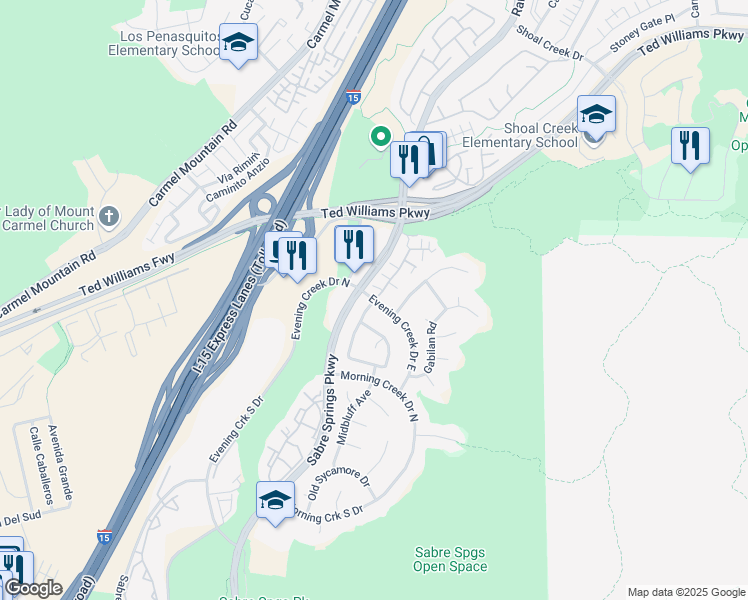 map of restaurants, bars, coffee shops, grocery stores, and more near 10922 Evening Creek Drive East in San Diego