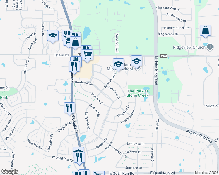 map of restaurants, bars, coffee shops, grocery stores, and more near 599 Deverson Drive in Rockwall