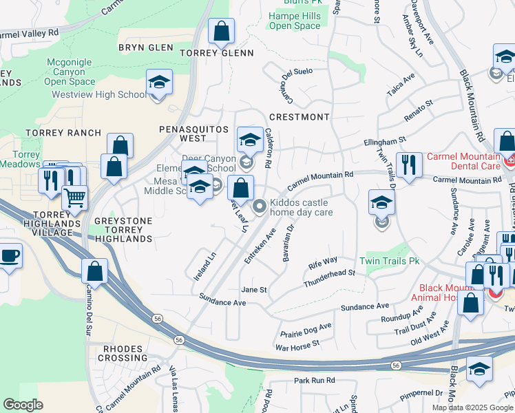 map of restaurants, bars, coffee shops, grocery stores, and more near 13351 Darview Lane in San Diego