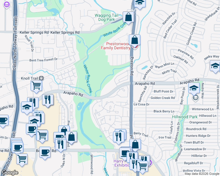 map of restaurants, bars, coffee shops, grocery stores, and more near 5891 Arapaho Road in Dallas