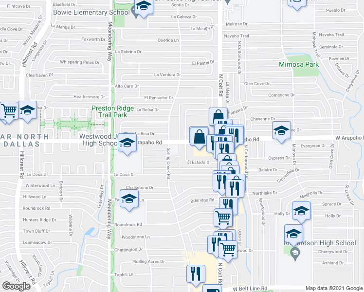 map of restaurants, bars, coffee shops, grocery stores, and more near 15637 El Estado Drive in Dallas