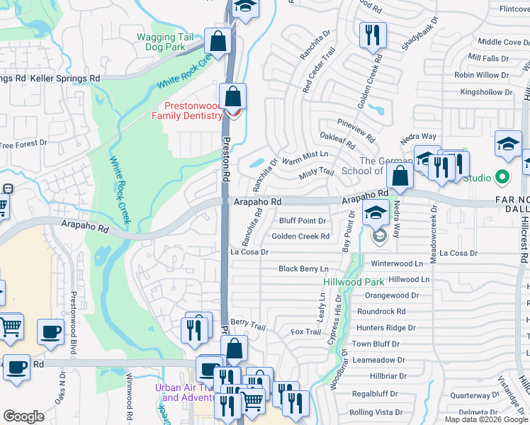 map of restaurants, bars, coffee shops, grocery stores, and more near 15634 Ranchita Drive in Dallas
