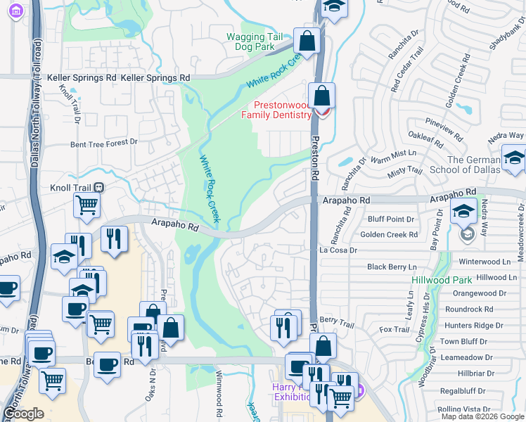 map of restaurants, bars, coffee shops, grocery stores, and more near 5891 Arapaho Road in Dallas