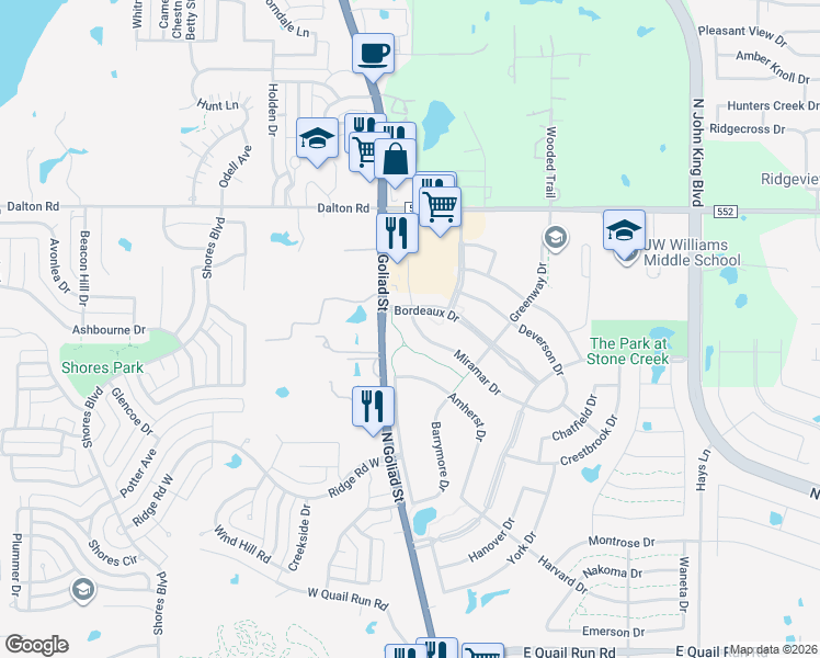 map of restaurants, bars, coffee shops, grocery stores, and more near 799 Miramar Drive in Rockwall