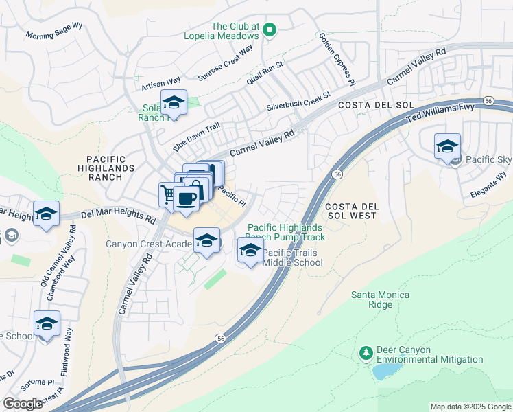 map of restaurants, bars, coffee shops, grocery stores, and more near 6114 Galante Place in San Diego