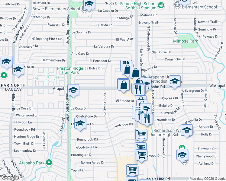 map of restaurants, bars, coffee shops, grocery stores, and more near 15665 El Estado Drive in Dallas