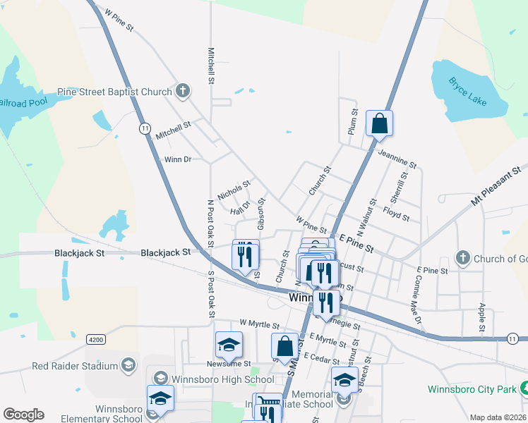 map of restaurants, bars, coffee shops, grocery stores, and more near 406 Gibson Street in Winnsboro