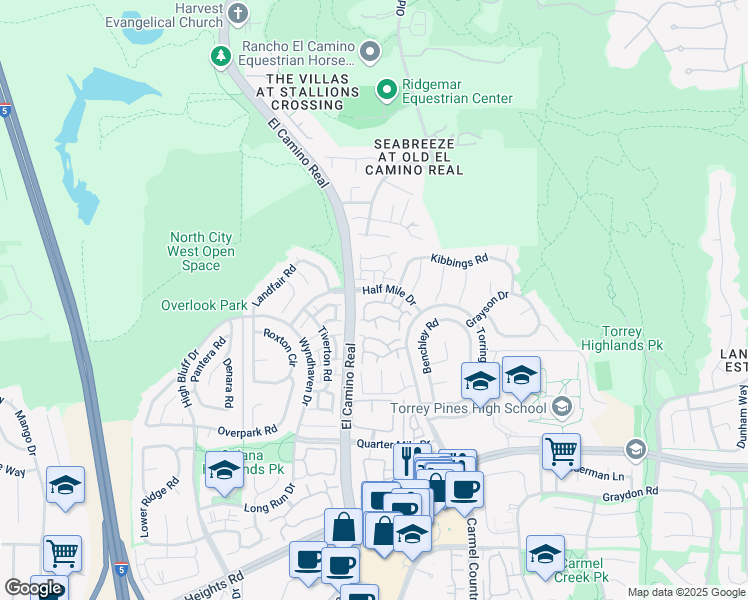 map of restaurants, bars, coffee shops, grocery stores, and more near 13286 Kibbings Road in San Diego
