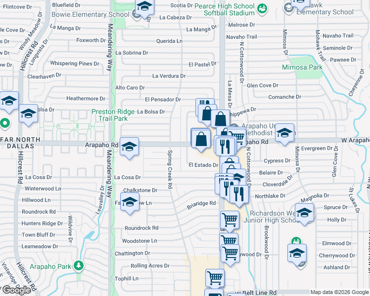 map of restaurants, bars, coffee shops, grocery stores, and more near 15637 El Estado Drive in Dallas