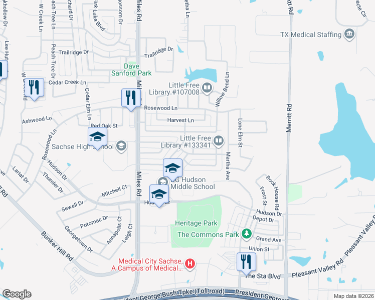 map of restaurants, bars, coffee shops, grocery stores, and more near 4620 Haverhill Lane in Sachse