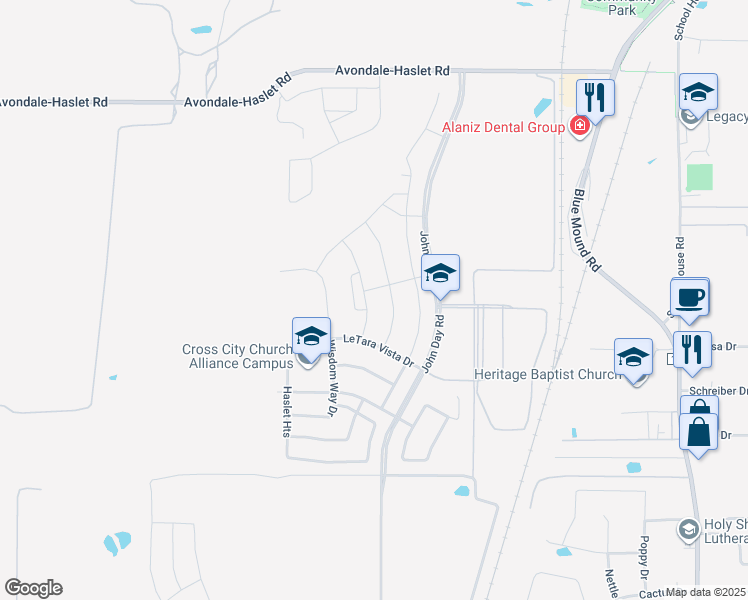 map of restaurants, bars, coffee shops, grocery stores, and more near 492 LeTara Vista Drive in Haslet