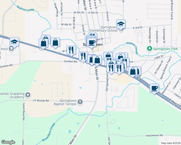 map of restaurants, bars, coffee shops, grocery stores, and more near 408 South Ash Street in Springtown