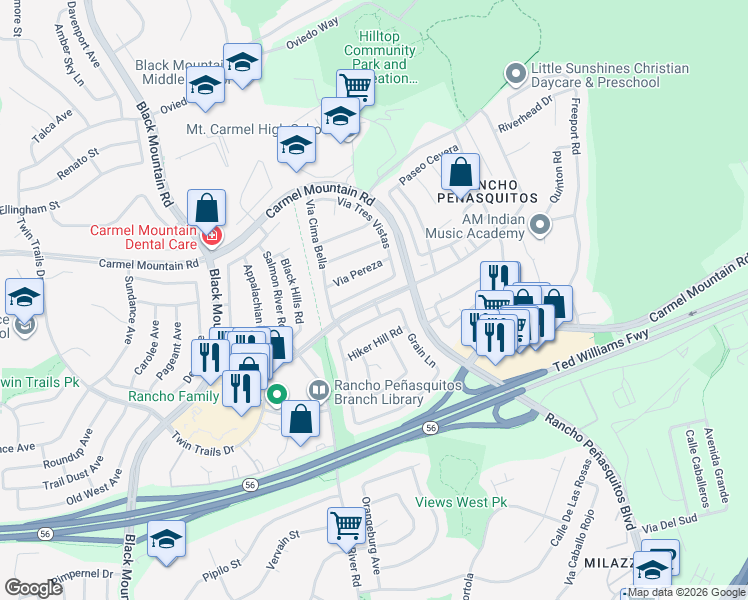 map of restaurants, bars, coffee shops, grocery stores, and more near 9600 Paseo Montalban in San Diego