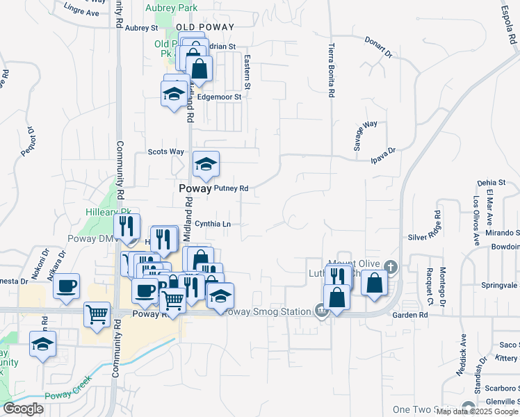 map of restaurants, bars, coffee shops, grocery stores, and more near 13643 Melissa Lane in Poway