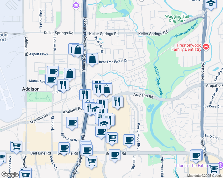 map of restaurants, bars, coffee shops, grocery stores, and more near 5515 Arapaho Road in Dallas