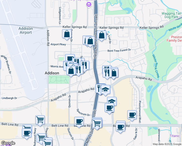 map of restaurants, bars, coffee shops, grocery stores, and more near 15601 Dallas Parkway in Addison