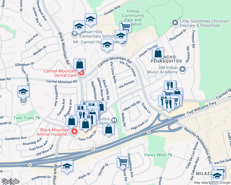 map of restaurants, bars, coffee shops, grocery stores, and more near 13640 Via Cima Bella in San Diego