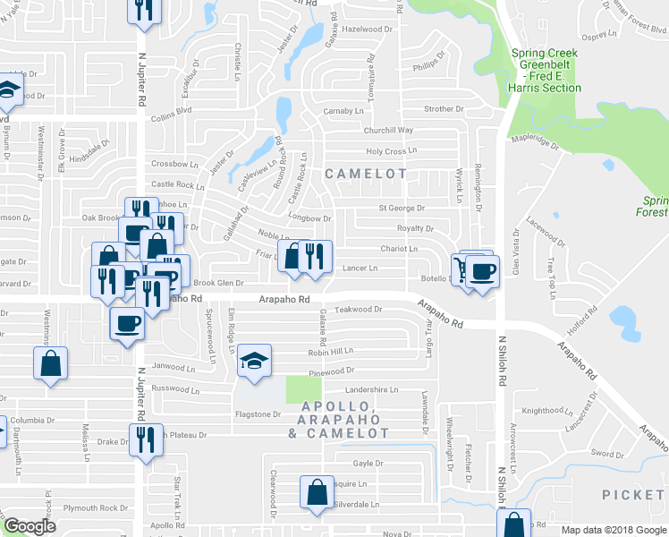 map of restaurants, bars, coffee shops, grocery stores, and more near 3000 Lancer Lane in Garland