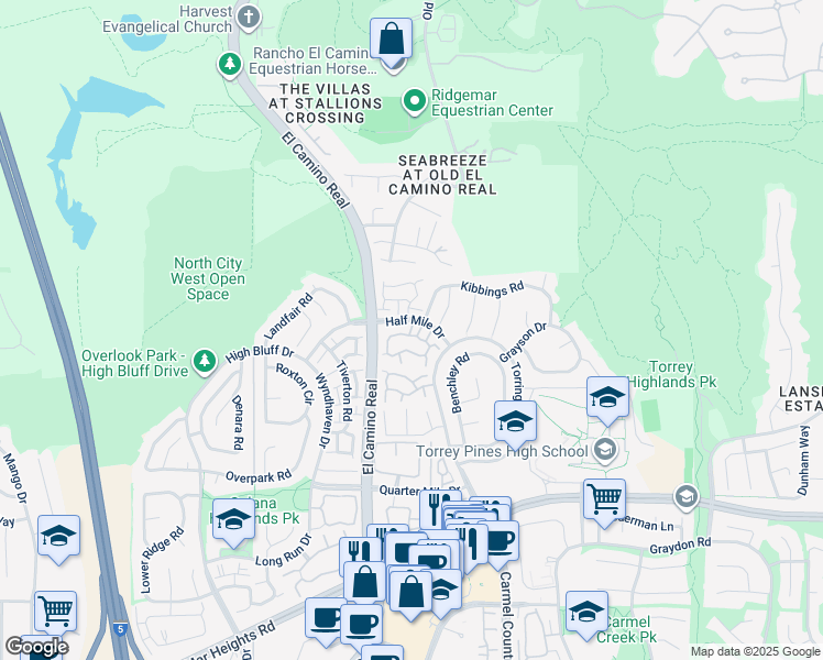 map of restaurants, bars, coffee shops, grocery stores, and more near 13264 Kibbings Road in San Diego