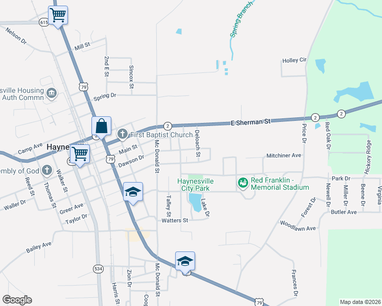 map of restaurants, bars, coffee shops, grocery stores, and more near 2391 Dawson Drive in Haynesville