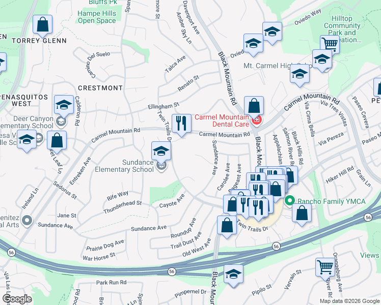 map of restaurants, bars, coffee shops, grocery stores, and more near 8994 Stimson Court in San Diego