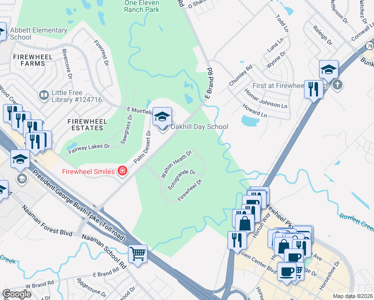 map of restaurants, bars, coffee shops, grocery stores, and more near 1000 East Brand Road in Garland