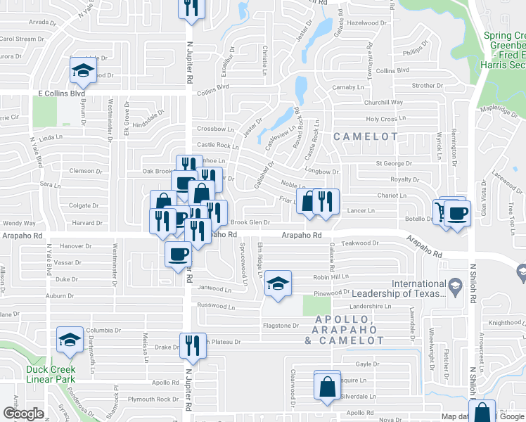 map of restaurants, bars, coffee shops, grocery stores, and more near 3226 Friar Lane in Garland