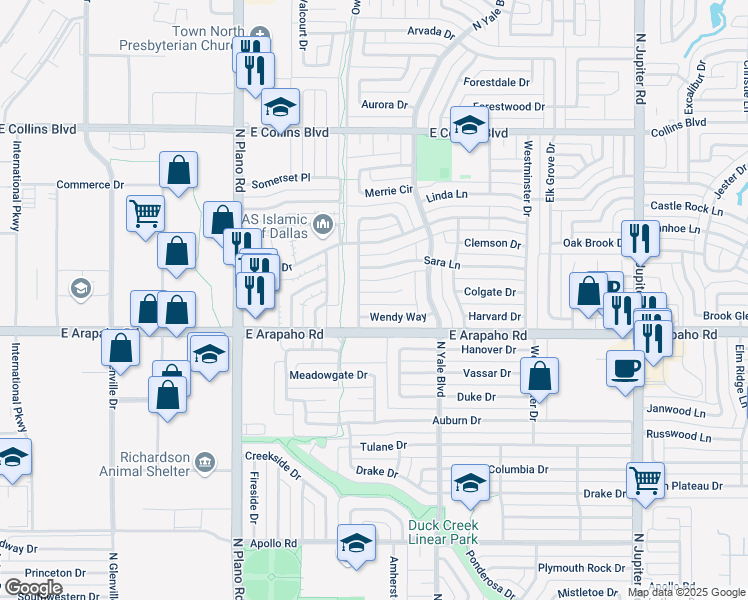 map of restaurants, bars, coffee shops, grocery stores, and more near 1601 Stacey Court in Richardson