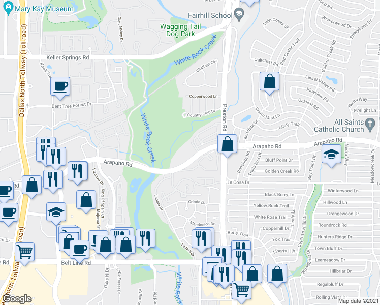 map of restaurants, bars, coffee shops, grocery stores, and more near Preston Road in Dallas