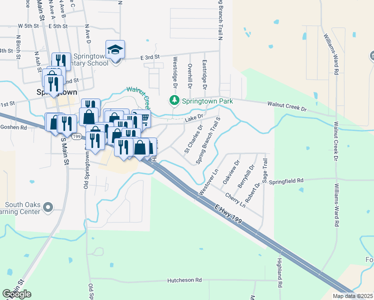 map of restaurants, bars, coffee shops, grocery stores, and more near 224 Saint Charles Drive in Springtown