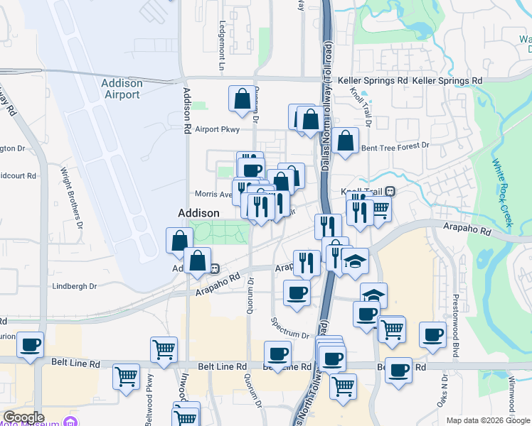 map of restaurants, bars, coffee shops, grocery stores, and more near 5009 Addison Circle in Addison