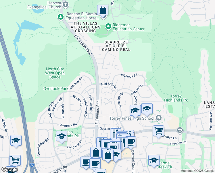 map of restaurants, bars, coffee shops, grocery stores, and more near 13264 Kibbings Road in San Diego