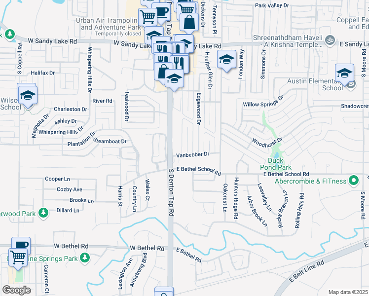 map of restaurants, bars, coffee shops, grocery stores, and more near 330 South Denton Tap Road in Coppell