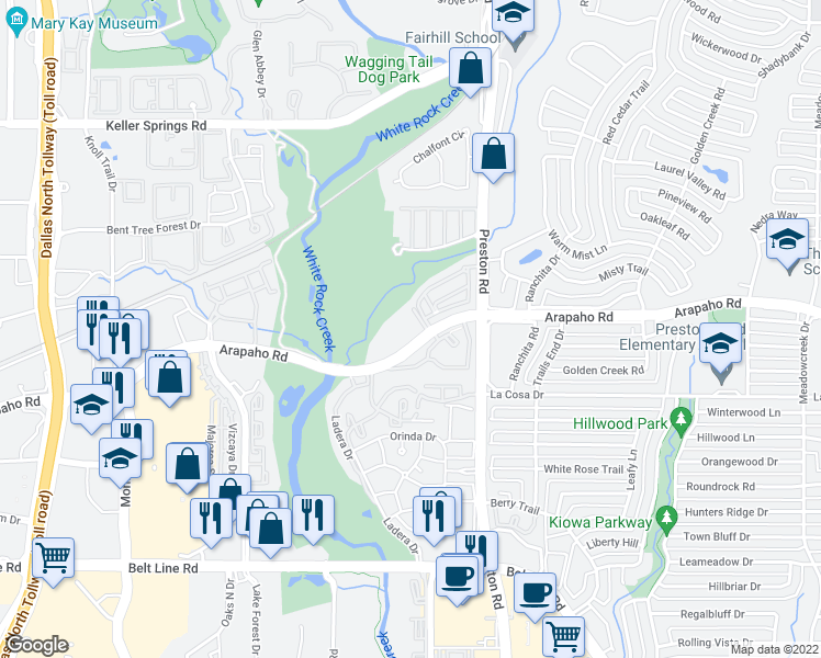 map of restaurants, bars, coffee shops, grocery stores, and more near 15889 Preston Road in Dallas