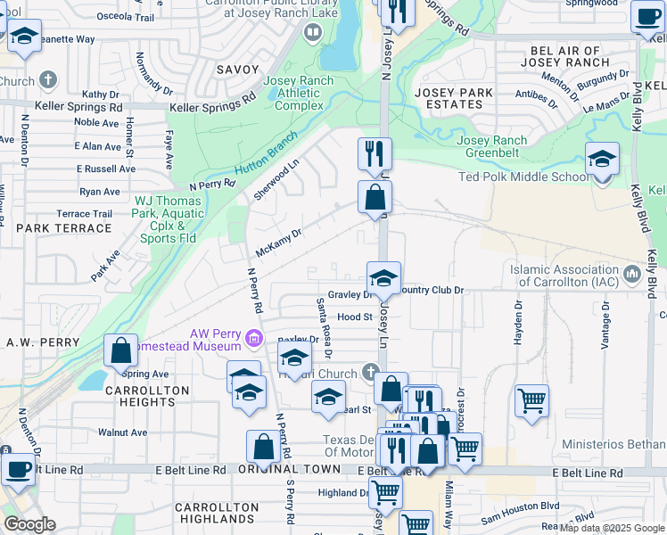 map of restaurants, bars, coffee shops, grocery stores, and more near 1845 North Josey Lane in Carrollton